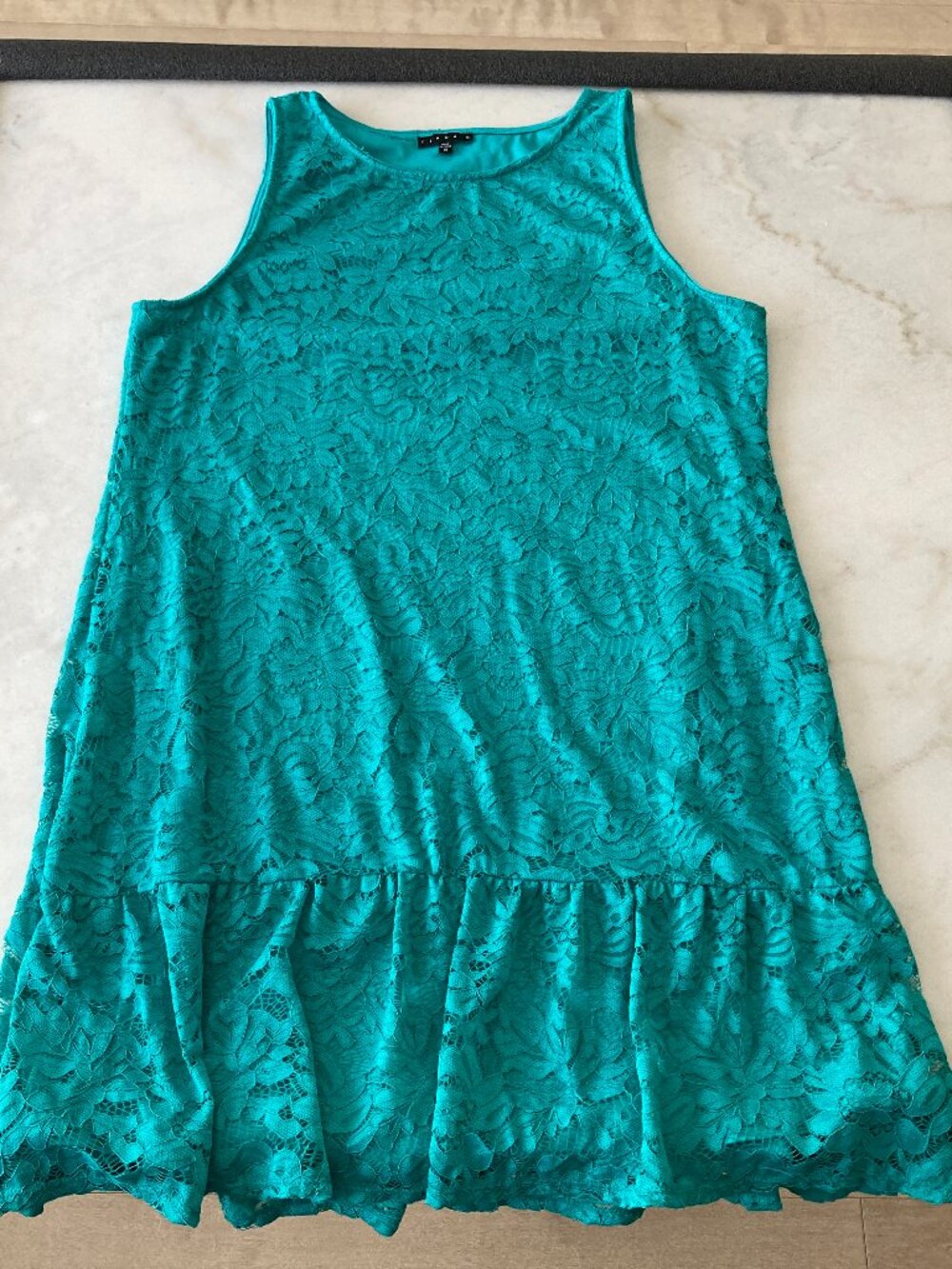 Tiana B green / teal lace overlay dress, sleeveless, high neck, flouncy hem
